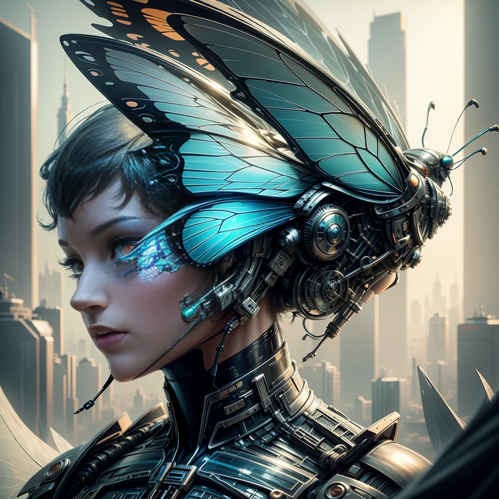 Translucent ethereal mechanical butterfly,Future king of butterflies with mechanical wings,futuristic city background,Beautiful sci-fi art, sci-fi digital art illustration, Digital cyberpunk art, Science fiction, digital painting, футуристическая digital painting, Futuristic concept art, in front of a fantastic cityscape, Science fiction, digital art, передовое digital art киберпанка, Magic cyberpunk butterfly