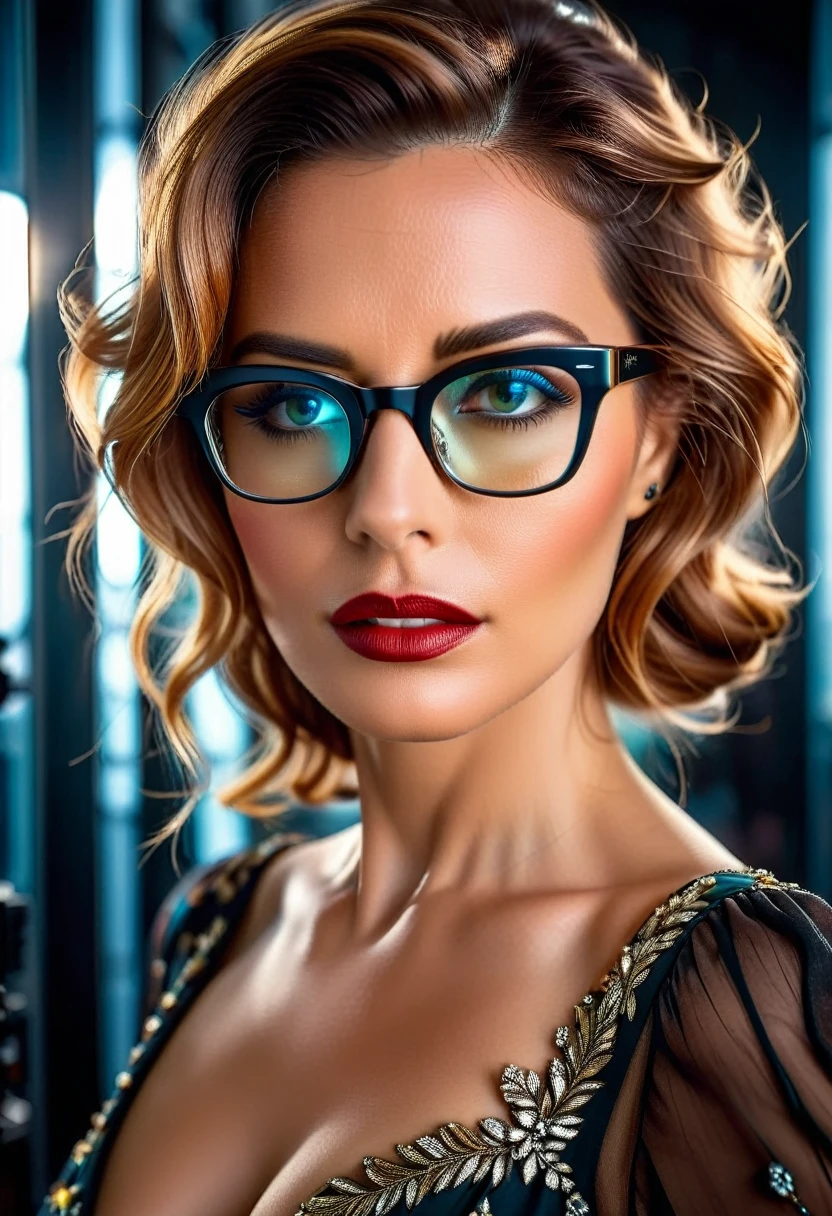 a facial portrait of a spy using glasses to take pictures working on a secret computer labratory, an elegant, exquisite beautiful female spy, dynamic hair color, dynamic hair style, (wearing elegant intricate details glasses: 1.3), dynamic color glasses, dynamic style glasses, ((digital information reflected in the glasses:1.6)), she wears an elegant, intricate detailed dress, silk dress , small cleavage, Vibrant, Ultra-high resolution, High Contrast, masterpiece:1.2, highest quality, Best aesthetics), best details, best quality, highres, ultra wide angle, 16k, [ultra detailed], masterpiece, best quality, (extremely detailed), Genetically modified..., Cinematic Hollywood Film, lens flare style