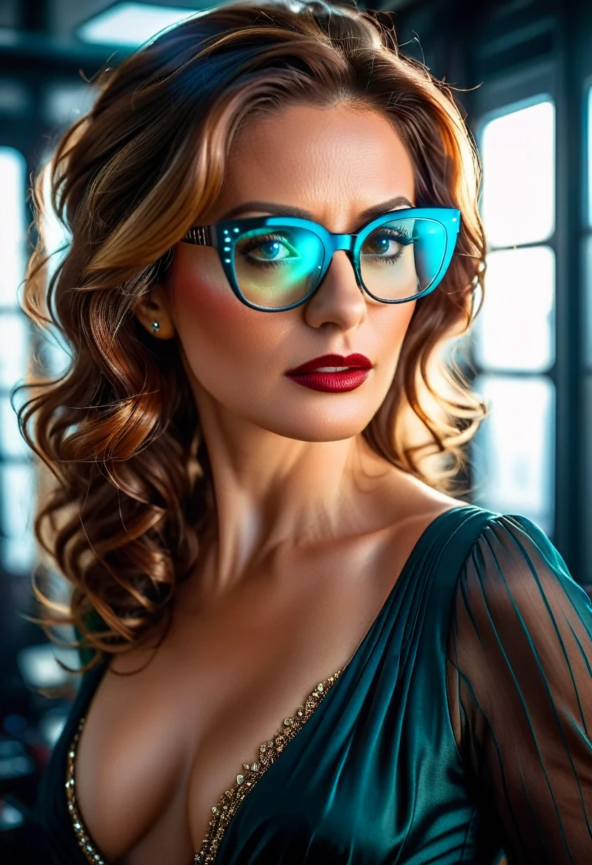 a facial portrait of a spy using glasses to take pictures working on a secret computer labratory, an elegant, exquisite beautiful female spy, dynamic hair color, dynamic hair style, (wearing elegant intricate details glasses: 1.3), dynamic color glasses, dynamic style glasses, ((digital information reflected in the glasses:1.6)), she wears an elegant, intricate detailed dress, silk dress , small cleavage, Vibrant, Ultra-high resolution, High Contrast, masterpiece:1.2, highest quality, Best aesthetics), best details, best quality, highres, ultra wide angle, 16k, [ultra detailed], masterpiece, best quality, (extremely detailed), Genetically modified..., Cinematic Hollywood Film, lens flare style
