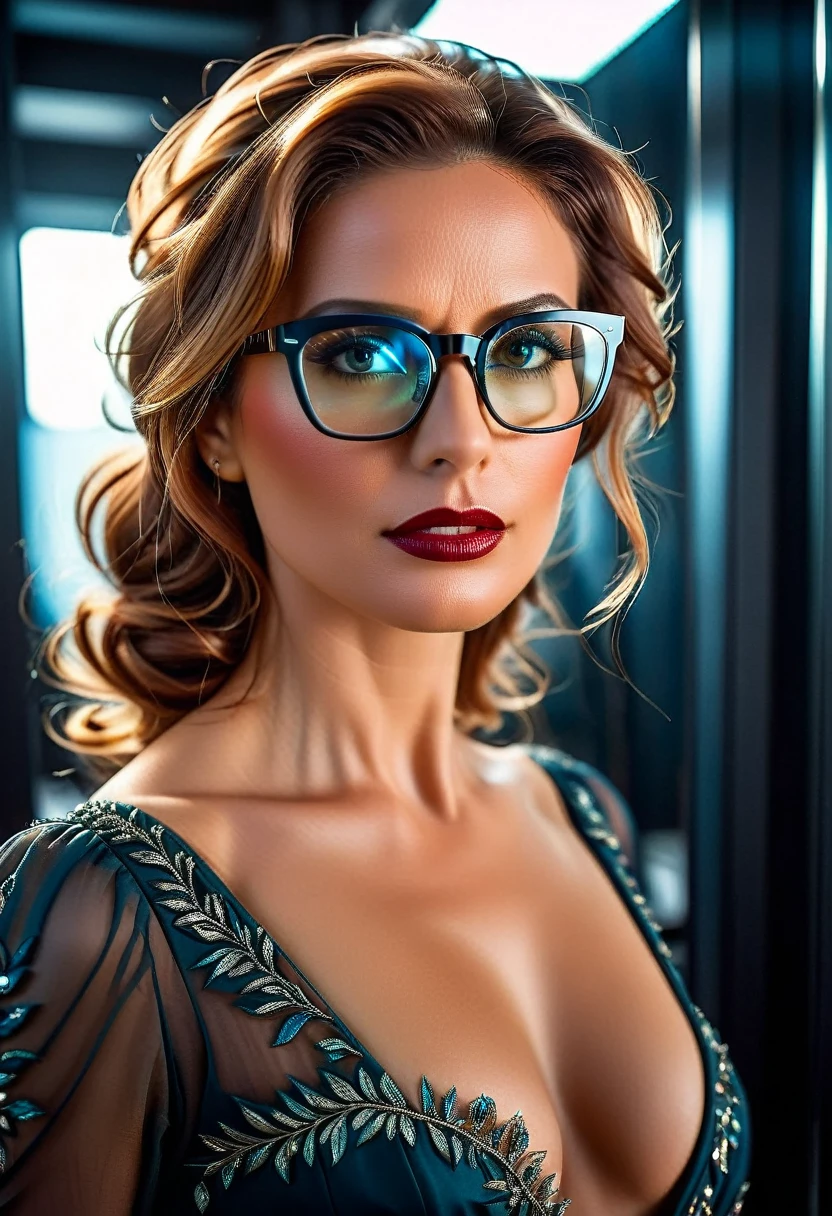 a facial portrait of a spy using glasses to take pictures working on a secret computer labratory, an elegant, exquisite beautiful female spy, dynamic hair color, dynamic hair style, (wearing elegant intricate details glasses: 1.3), dynamic color glasses, dynamic style glasses, ((digital information reflected in the glasses:1.6)), she wears an elegant, intricate detailed dress, silk dress , small cleavage, Vibrant, Ultra-high resolution, High Contrast, masterpiece:1.2, highest quality, Best aesthetics), best details, best quality, highres, ultra wide angle, 16k, [ultra detailed], masterpiece, best quality, (extremely detailed), Genetically modified..., Cinematic Hollywood Film, lens flare style