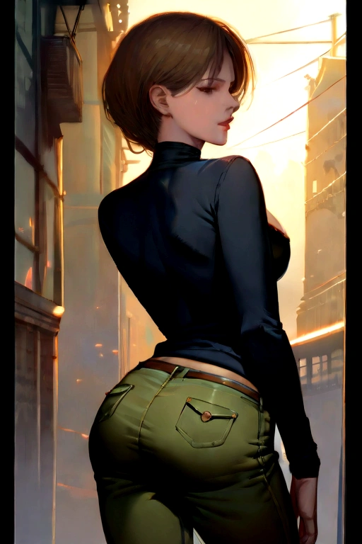Illustration by Luis Royo. Black background. Beautiful Lebanese woman with long brown hair. Ideal anatomy, beautiful expressive look. She wears a black turtleneck and olive green skinny jeans. Its back side faces the camera. masterpiece, (best quality: 1.5), perfect lighting, very detailed, uhd, hdr, big anime eyes, ultra realistic. (full length, Wide angle, center, without trimming) - AR 9:16 - from 1:2