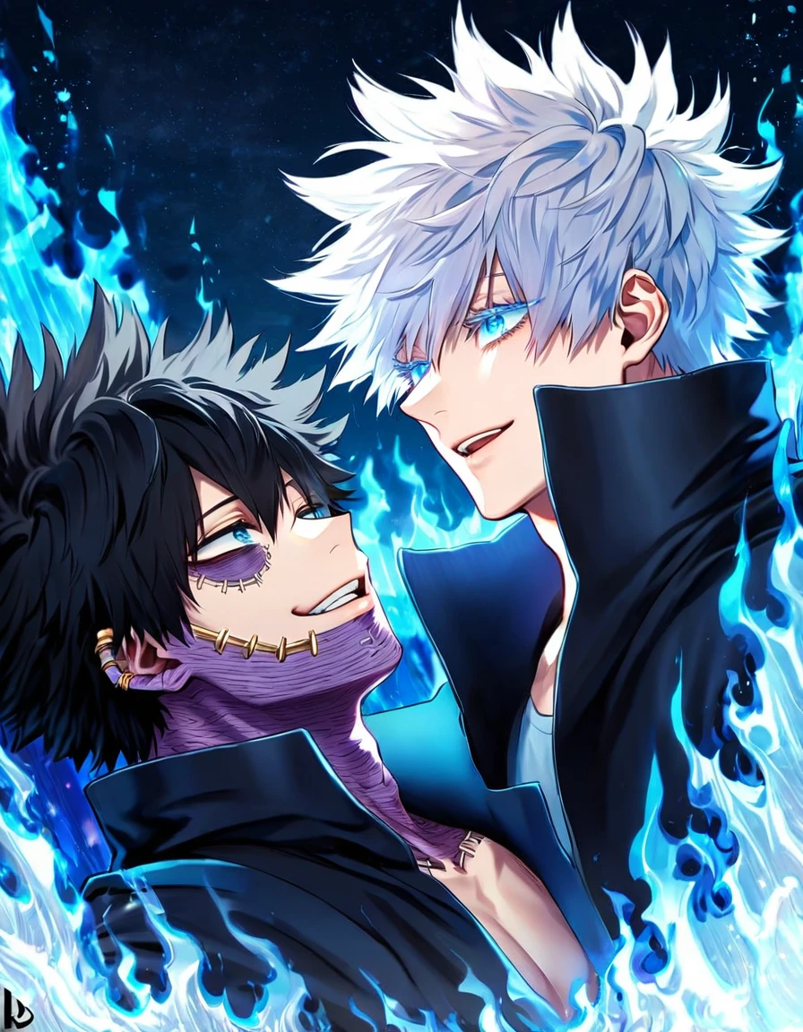 absurdres, highres, ultra detailed, HDR, master piece, best quality, extremely detailed face, delicated features, Dabi, black hair, expressive turquoise eyes, Boku No Hero Academia, Gojou Satoru, white hair, expressive blue eyes, white eyelashes, two sexy men together, gay couple, yaoi, handsome, smiling, black coat with high collar, blue coat with fur, fantasy, magical, blue fire, starry sky, blue lights, ice, flames background, blue background