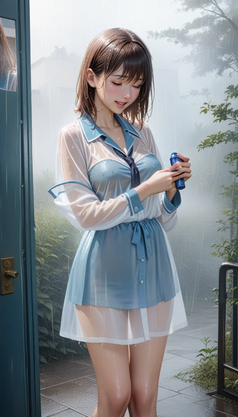 masterpiece, absurd, Ultra-high resolution,(Photo-realistic:1.4),1 girl,laughing out loud, No.18,Medium breasts,Brown medium-length hair, ((Heavy rain, FOG, wet, see through)),(Blue High School,nounderwear),School entrance,A woman holding an adult toy, Squirming under Tobikko's remote control,The crotch is dripping with intoxicating, which is coating the underwear and inner thighs.She blushed and looked at me.,underwear,city View,