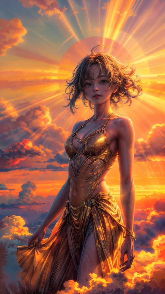 "A mesmerizing sunset scene with a girl mesmerized by the majestic golden rays of sunlight and clouds, creating an awe-inspiring and vivid color palette. Masterpiece."