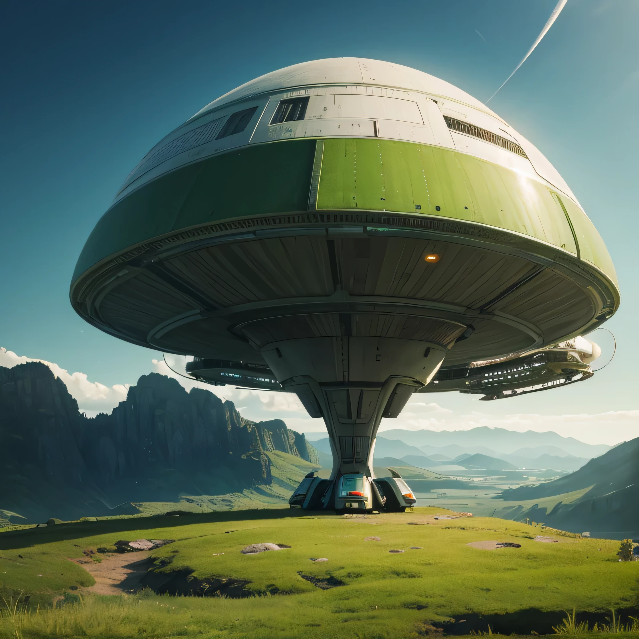 Spaceship close to a landscape on a verdant planet