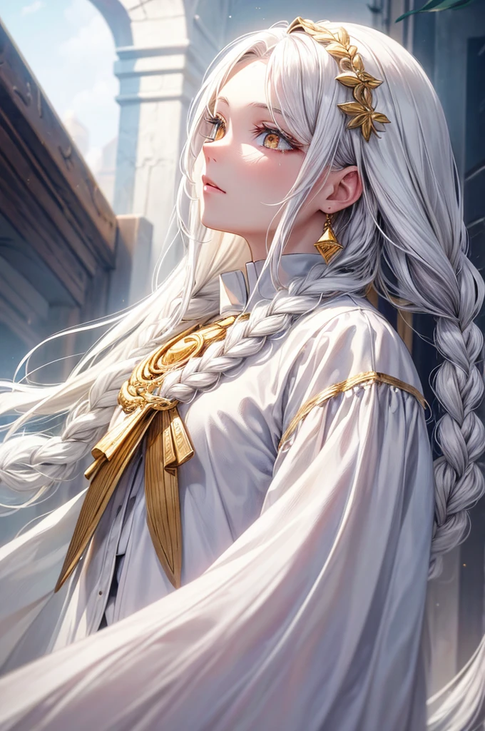 best quality, masterpiece,white hair, Golden Eyes,White clothes, look up, Upper Body,Hair,White skin,Side braids