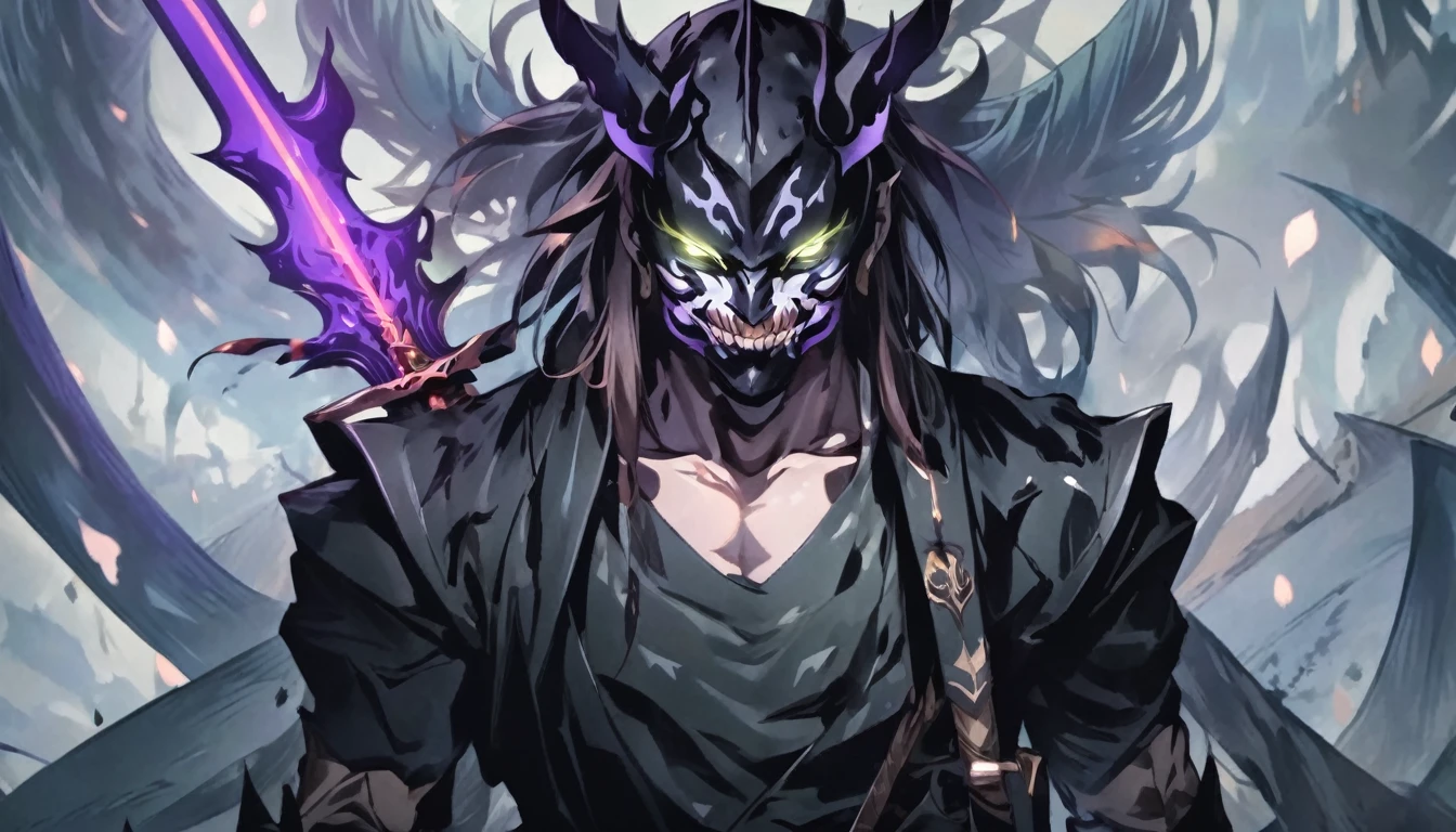 demon mask, sword on the hand,close up, black heavy detailed clothes, hand katana, art, dark and malevolent, hand sword, armor, powerful and intimidating, (masterpiece, best quality, ultra-detailed, best shadow), (detailed background, dark fantasy) dramatic light, intricate details, dark and malevolent, powerful and intimidating, Dark and foreboding, malevolent force, sinister and chilling, armor, high detailed background, girl in demon slayer art, demon slayer art style, epic anime art, God death