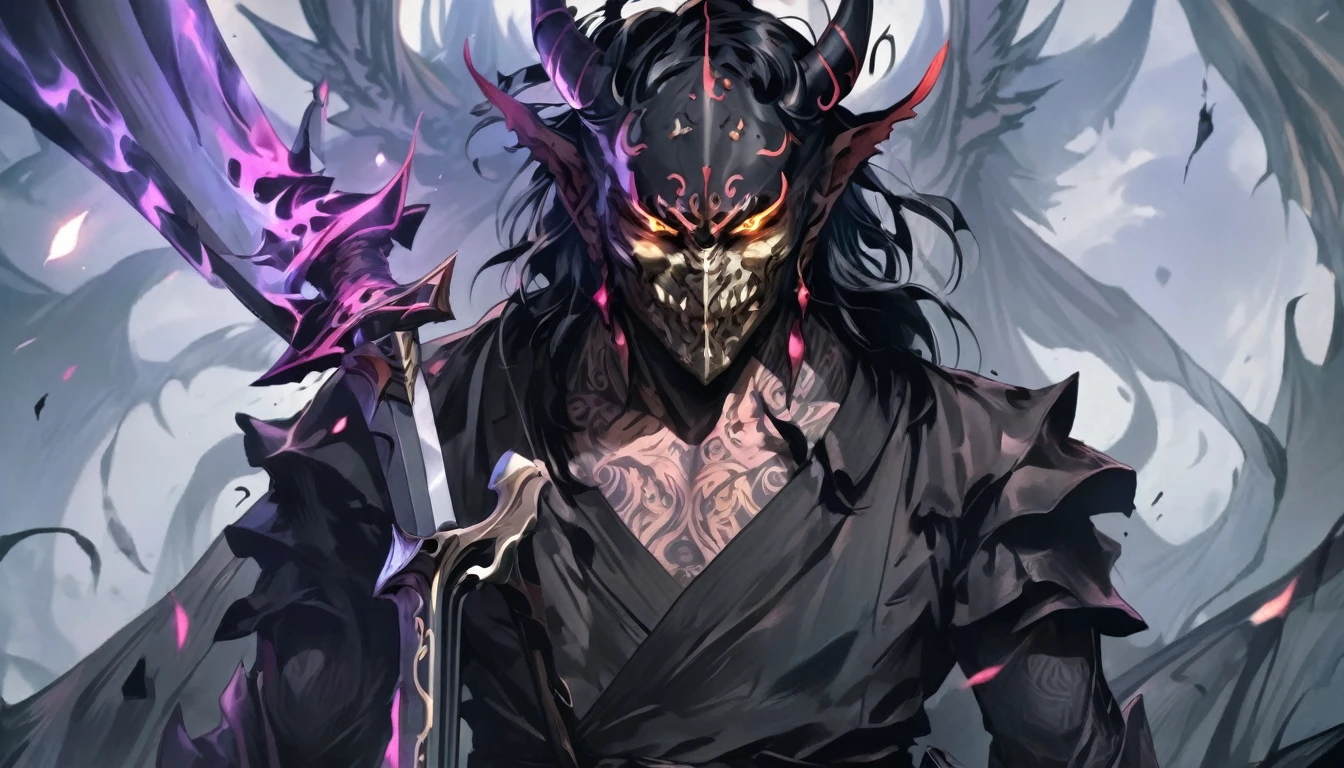 demon mask, sword on the hand,close up, black heavy detailed clothes, hand katana, art, dark and malevolent, hand sword, armor, powerful and intimidating, (masterpiece, best quality, ultra-detailed, best shadow), (detailed background, dark fantasy) dramatic light, intricate details, dark and malevolent, powerful and intimidating, Dark and foreboding, malevolent force, sinister and chilling, armor, high detailed background, girl in demon slayer art, demon slayer art style, epic anime art, God death