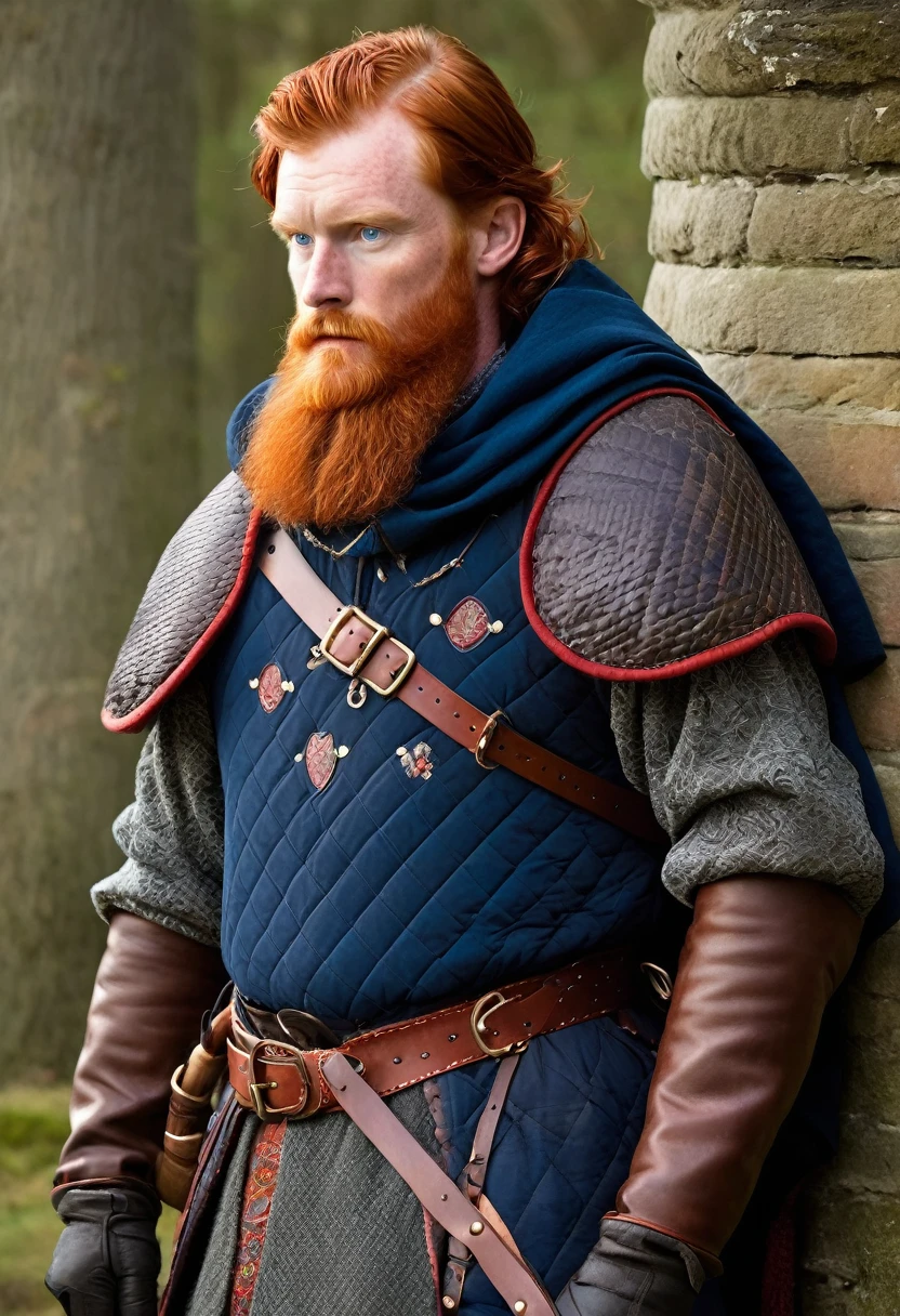 Man, 35 years, half long auburn hair and deep blue eyes, a short fiery red beard, stocky build, tall, sullen. He wears a medieval quilted doublet of red wool with an embroidered leaping trout and flowing blue-and-red cloaks. A silver trout is painted on his shield and adorns the crest of his helm. He has a sword on his side.