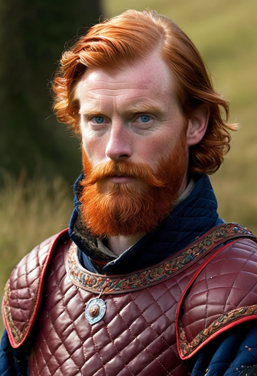 Man, 35 years, half long auburn hair and deep blue eyes, a short fiery red beard, stocky build, tall, sullen. He wears a medieval quilted doublet of red wool with an embroidered leaping trout and flowing blue-and-red cloaks. A silver trout is painted on his shield and adorns the crest of his helm. He has a sword on his side.