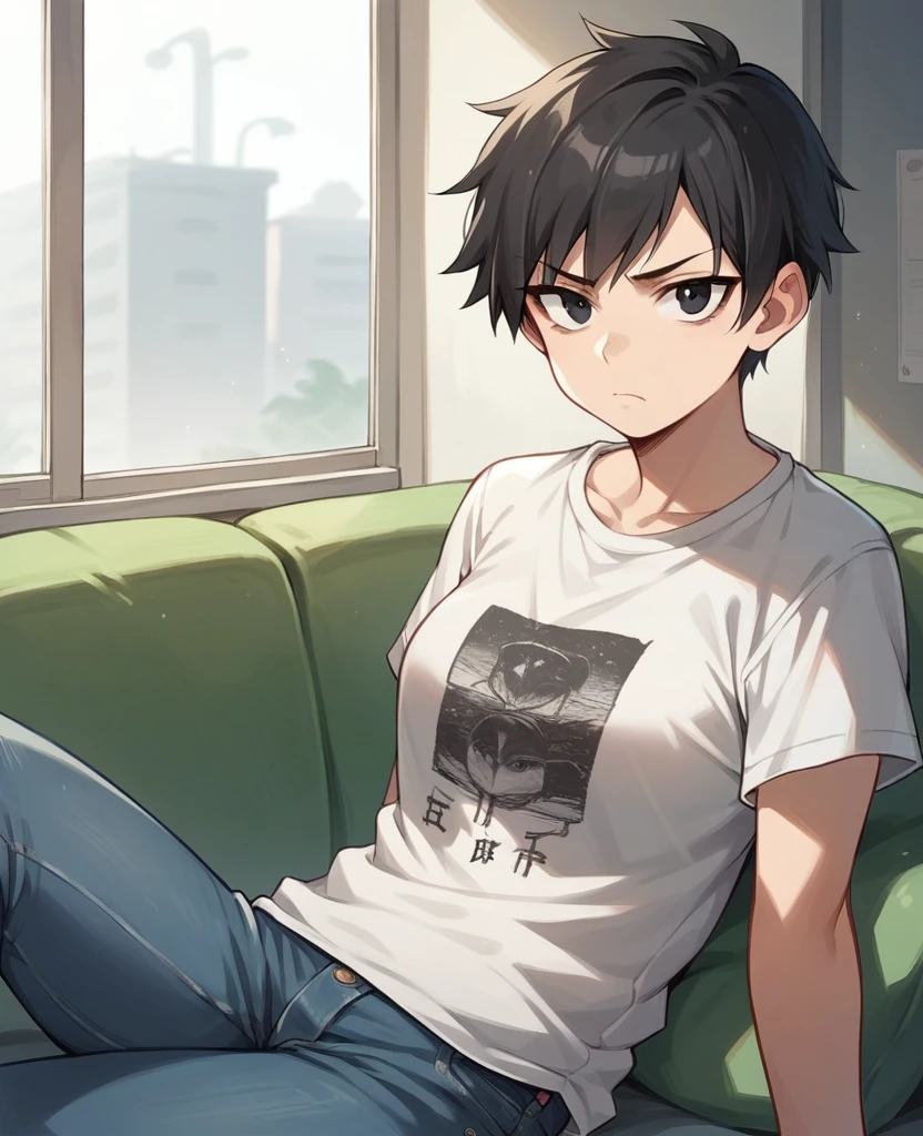 score_9, score_8_up, score_7_up, score_6_up, 1girl, solo, 20 years old, tomboy, straight hair, short hair, black hair, black eyes, t-shirt, jeans, indoors, looking at viewer, frown