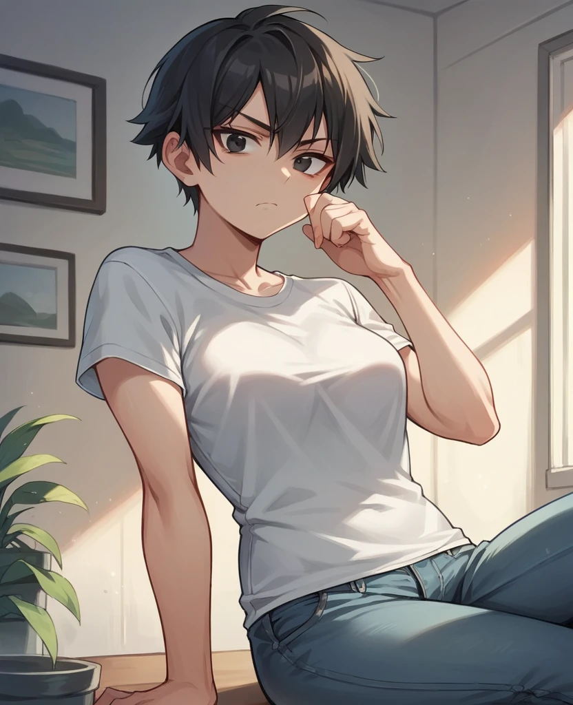 score_9, score_8_up, score_7_up, score_6_up, 1girl, solo, 20 years old, tomboy, straight hair, short hair, black hair, black eyes, t-shirt, jeans, indoors, looking at viewer, frown