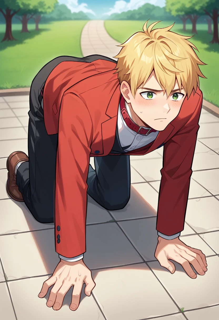 score_9, score_8_wonderful, score_7_wonderful, sauce_Anime BREAK 1 Boy, alone, Male Focus, Part 1: Leanne, blonde, , Red Blazer, Black trousers, Outdoor,，Get on all fours and place your hands on the floor,put head on floor,Putting on a collar