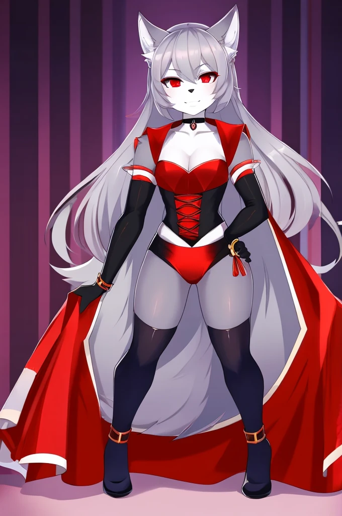 Wolf、Handsome、Gray Hair、Red eyes、Character portrait、Front view、stylish、Full body view、From head to toe、Sexy Outfits、Choker on neck、Sexy Beltale