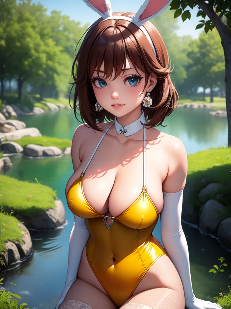 princess_daisy, brown hair, short hair ,red lipstick, blue eye shadow, 1girl, solo, perfect breasts, ,earrings glossy lips ,looking at viewer, blush, large breasts, nature, pond, trees, park, long white elbow satin gloves, holding, animal ears, cleavage, bare shoulders, jewelry, very l, gentle smile, pantyhose, earrings, fake rabbit ears, yellow leotard, fake animal ears bunny, long white elbow gloves, white gloves