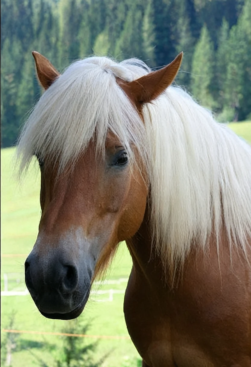 A brown horse with a white mane
