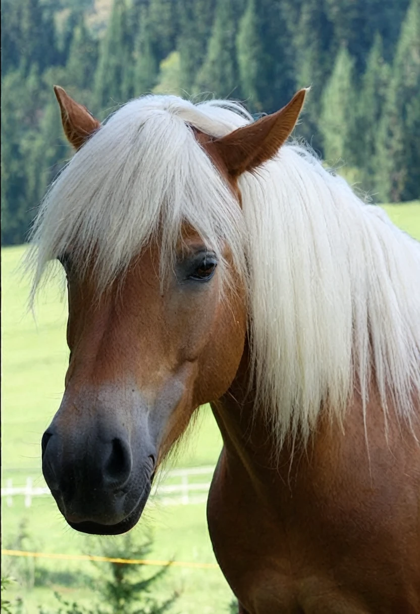 A brown horse with a white mane