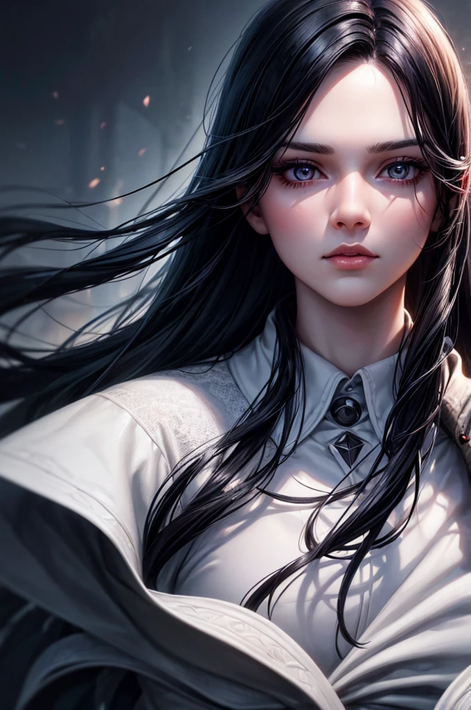 beautiful girl，With realistic dark eyes, pale skin, Medium-long black hair, perfect face, Perfect eyes, wearing a coat, Very detailed, Comprehensive movies, Digital painting, 8K, movie lighting, best quality, High resolution, detailed work, Post-processing, perfect result, Surreal