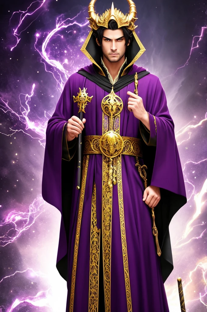 Blue half-dragon man in purple robe, holding a black staff with golden eye details, in the other hand a black grimoire