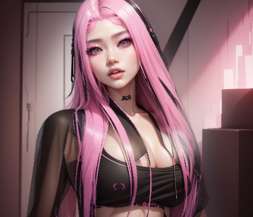 AVATAR SECOND LIFE Korean girl, black blouse, Asian, pink hair, pink hair, pink hair, korean girl , Perfect and detailed face, imvu, maximalist details, AVATAR SECOND LIFE Korean blusa , neon,