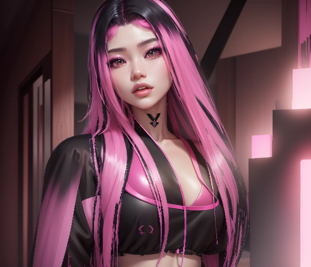 AVATAR SECOND LIFE Korean girl, black blouse, Asian, pink hair, pink hair, pink hair, korean girl , Perfect and detailed face, imvu, maximalist details, AVATAR SECOND LIFE Korean blusa , neon,
