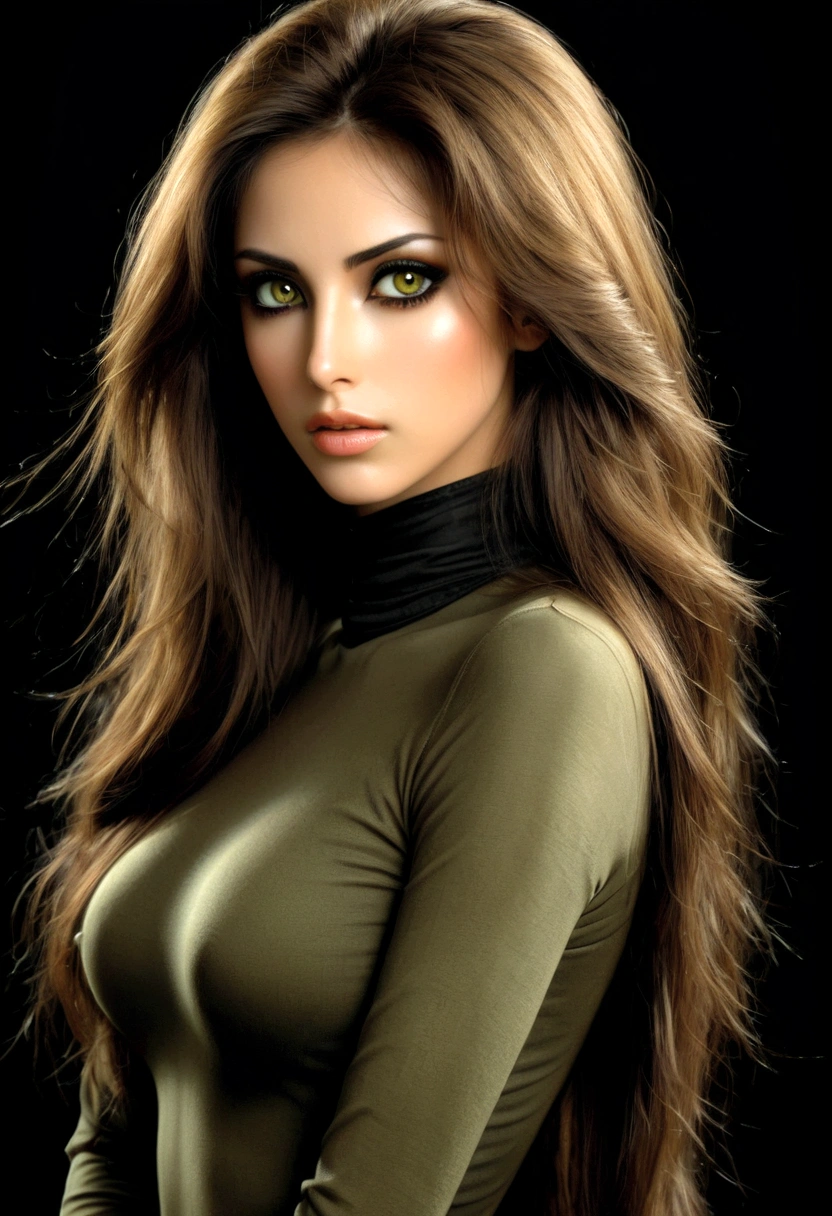Create an image of a stunningly gorgeous beautiful perfect luis Royo,Stunningly gorgeous perfect face, Black background. Beautiful Lebanese woman with long brown hair. Ideal anatomy, beautiful expressive look. She wears a black turtleneck and olive green skinny jeans. Its back side faces the camera. masterpiece, (best quality: 1.5), perfect lighting, very detailed, uhd, hdr, big anime eyes, ultra realistic. (full length, Wide angle, center, without trimming) - AR 9:16 - from 1:2
