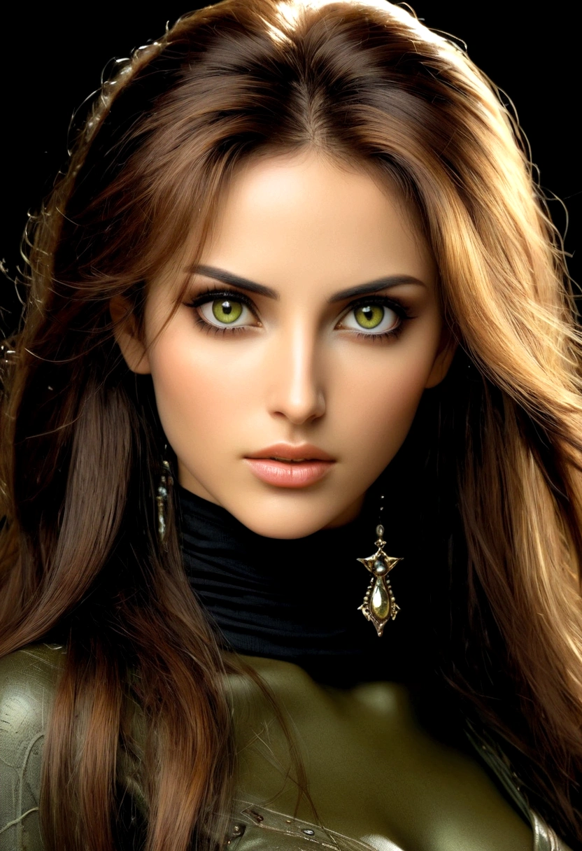 Create an image of a stunningly gorgeous beautiful perfect luis Royo,Stunningly gorgeous perfect face, Black background. Beautiful Lebanese woman with long brown hair. Ideal anatomy, beautiful expressive look. She wears a black turtleneck and olive green skinny jeans. Its back side faces the camera. masterpiece, (best quality: 1.5), perfect lighting, very detailed, uhd, hdr, big anime eyes, ultra realistic. (full length, Wide angle, center, without trimming) - AR 9:16 - from 1:2