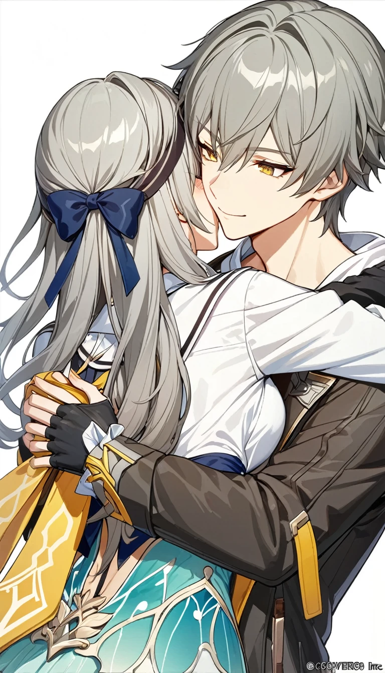 (masterpiece, top quality, best quality, official art, beautiful and aesthetic:1.2),(8k, best quality, masterpiece:1.2), (((masterpiece))),(((best quality))),(((extremely detailed))),illustration, who, (masterpiece, top quality, best quality, official art, beautiful and aesthetic:1.2),(8k, best quality, masterpiece:1.2), masterpiece, best quality, illustration, highres, ultra-detailed, caelus \(honkai: star rail\),commentary request,firefly \(honkai: star rail\), 1girl, 1boy, grey hair, hairband, hug, long hair, smile, jacket, closed eyes, black jacket, shirt, white shirt, blush, gloves, one eye closed, black hairband, hand on another's head, bow, closed mouth, hair between eyes, hair bow, long sleeves, black gloves, hair intakes, short hair, fingerless gloves, simple background, yellow eyes, white background, twitter username, upper body, sidelocks