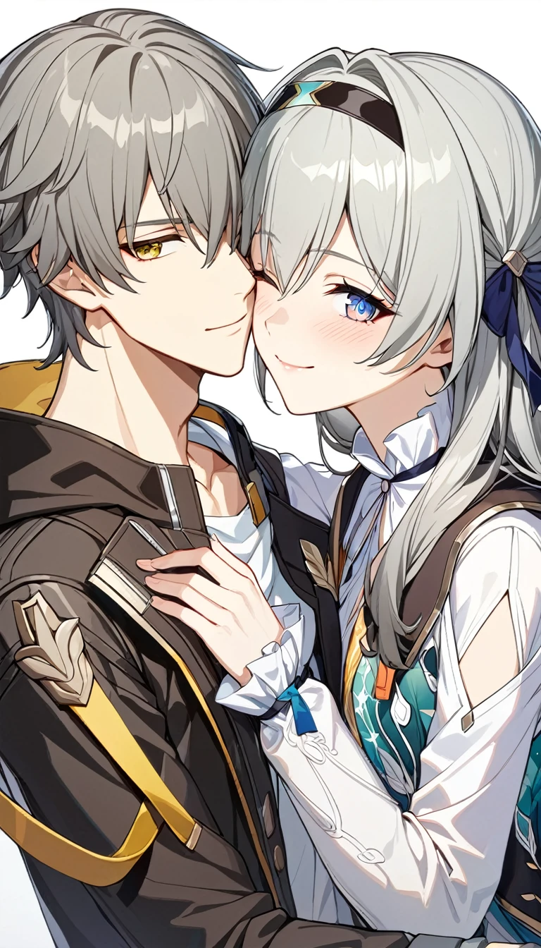 (masterpiece, top quality, best quality, official art, beautiful and aesthetic:1.2),(8k, best quality, masterpiece:1.2), (((masterpiece))),(((best quality))),(((extremely detailed))),illustration, who, (masterpiece, top quality, best quality, official art, beautiful and aesthetic:1.2),(8k, best quality, masterpiece:1.2), masterpiece, best quality, illustration, highres, ultra-detailed, caelus \(honkai: star rail\),commentary request,firefly \(honkai: star rail\), 1girl, 1boy, grey hair, hairband, hug, long hair, smile, jacket, closed eyes, black jacket, shirt, white shirt, blush, gloves, one eye closed, black hairband, hand on another's head, bow, closed mouth, hair between eyes, hair bow, long sleeves, black gloves, hair intakes, short hair, fingerless gloves, simple background, yellow eyes, white background, twitter username, upper body, sidelocks