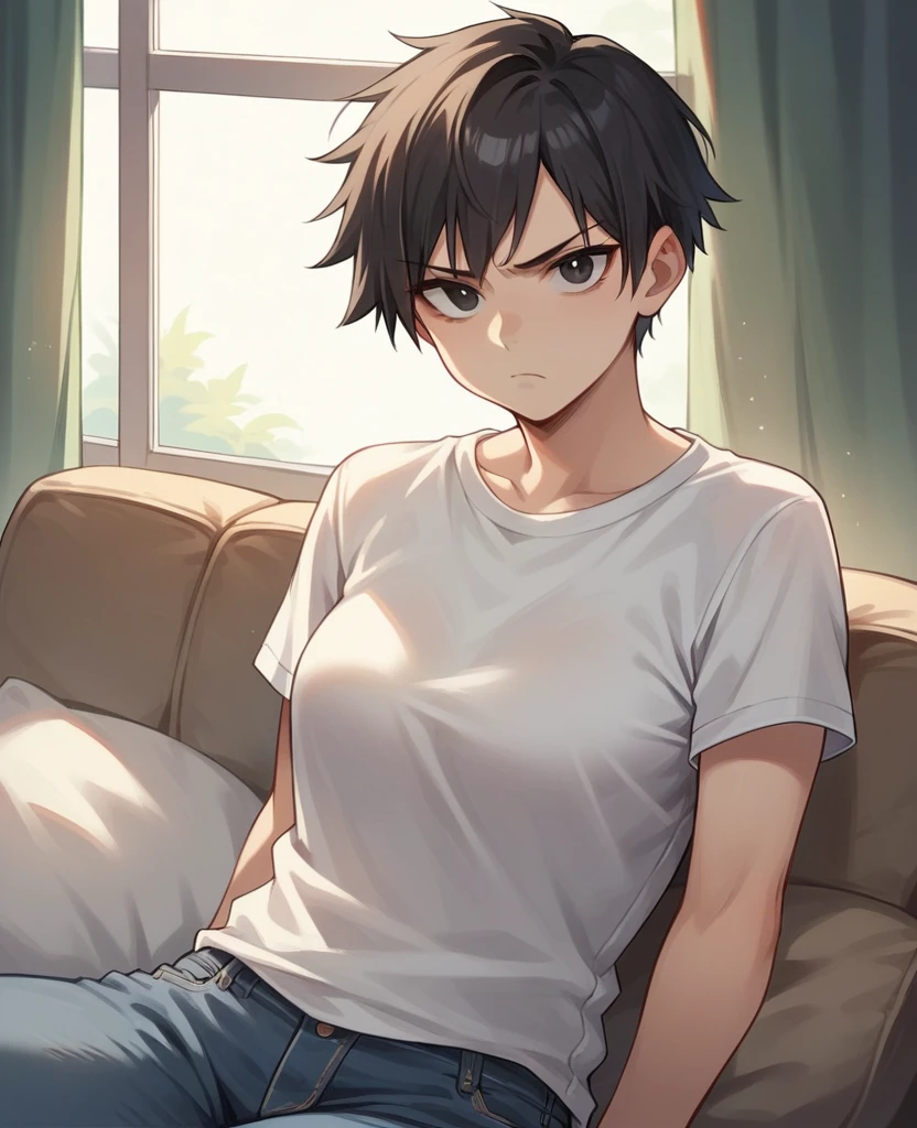 score_9, score_8_up, score_7_up, score_6_up, 1girl, solo, 20 years old, tomboy, straight hair, short hair, black hair, black eyes, white t-shirt, jeans, indoors, looking at viewer, frown