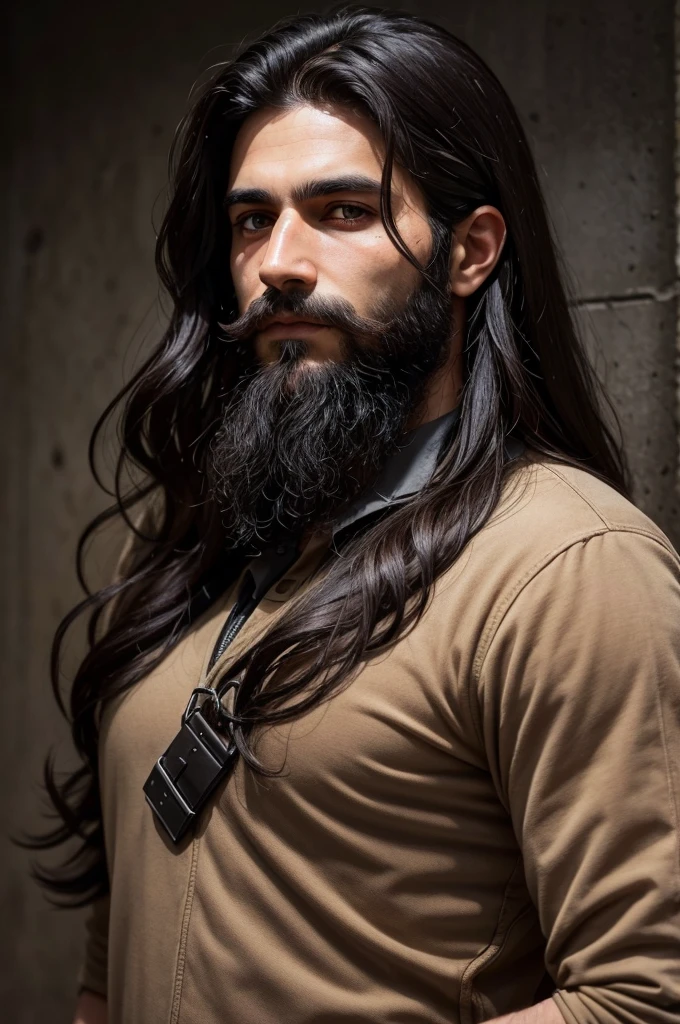 Dark first century man with dark wavy semi-long hair and medium beard. Dark brown eyes and Israeli clothing