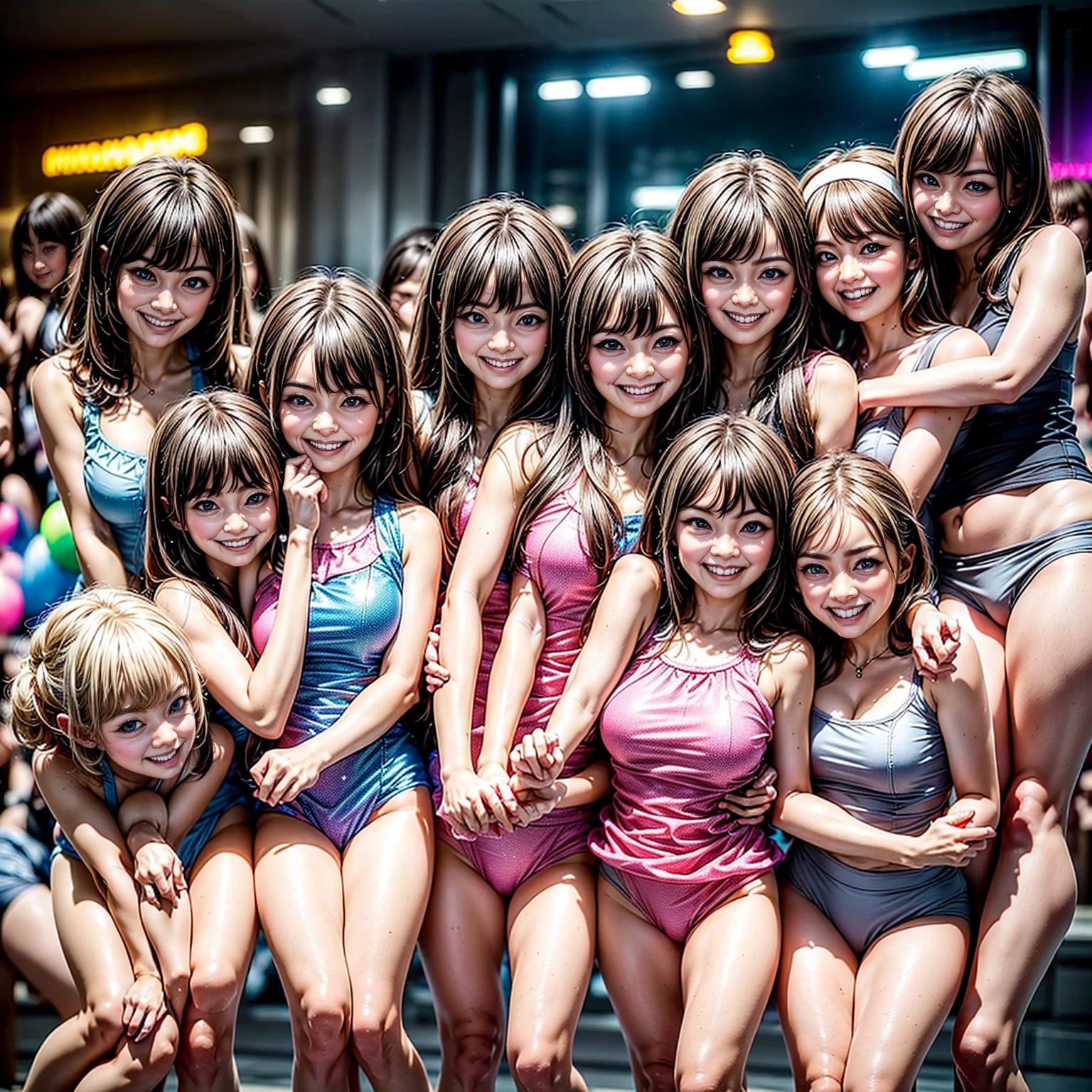 ((ExtremelyDetailed (PUNIPUNI KAWAII 12 Girls in a row:1.37) Shibuya Hachiko-mae scramble crossing)), (masterpiece 8K TopQuality:1.2) (ProfessionalPhoto:1.37), {(Standing Full Body:1.2)|Dancing}, Different types of hair colors, {(skinny(school swimwear))|SchoolUniform|Tutu}, {Corrected BabyLike hand|Hiddenhand}, (Joyful Expressions LifeLike Rendering), PerfectLighting (RainbowColor particles)(Blurred ColorfulLights) MotionBlur