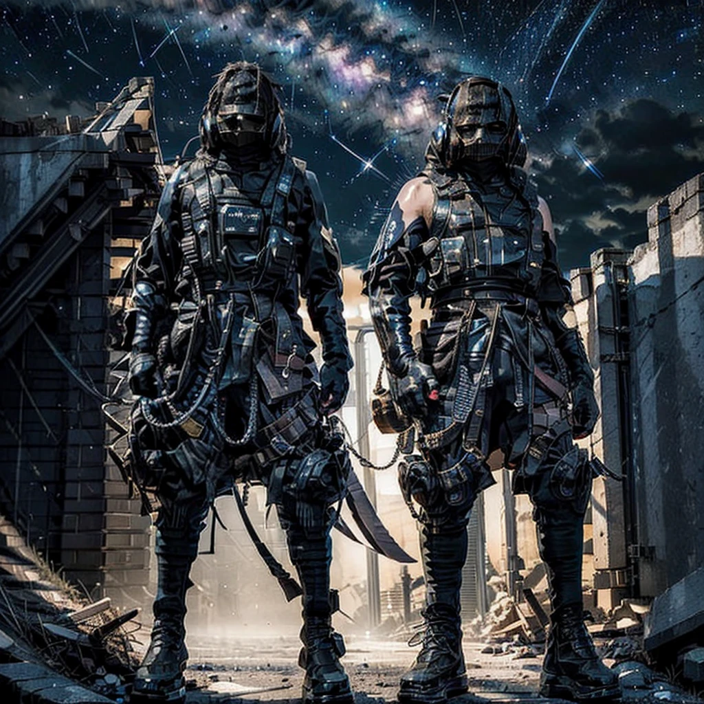 whole frame: 1.3, masterpiece, ((Handsome: 1.5, very detailed and beautiful, dynamic pose: 1.5)), ((apocalyptic city with night and starry sky: 1.5)),(( full of stars and galaxies: 1.5)), very beautiful digital art, digital art. highly detailed and highly detailed magical fantasy, colorful digital fantasy art, highly detailed digital art, beautiful and gorgeous digital art, highly detailed digital painting, 32 thousand.