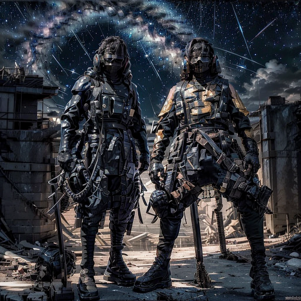 whole frame: 1.3, masterpiece, ((Handsome: 1.5, very detailed and beautiful, dynamic pose: 1.5)), ((apocalyptic city with night and starry sky: 1.5)),(( full of stars and galaxies: 1.5)), very beautiful digital art, digital art. highly detailed and highly detailed magical fantasy, colorful digital fantasy art, highly detailed digital art, beautiful and gorgeous digital art, highly detailed digital painting, 32 thousand.