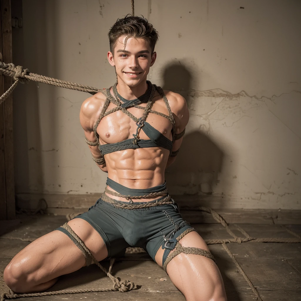  (((19 year old boy, skinny, lean))), smiling (((wearing gym shorts)))  kneeling, ((((Trussed up completely with rope)))), ((((very tight rope crossed over chest)))),(((body in tight shibari ropes))) sweating, wet skin, in a dungeon with candles and a fireplace 
