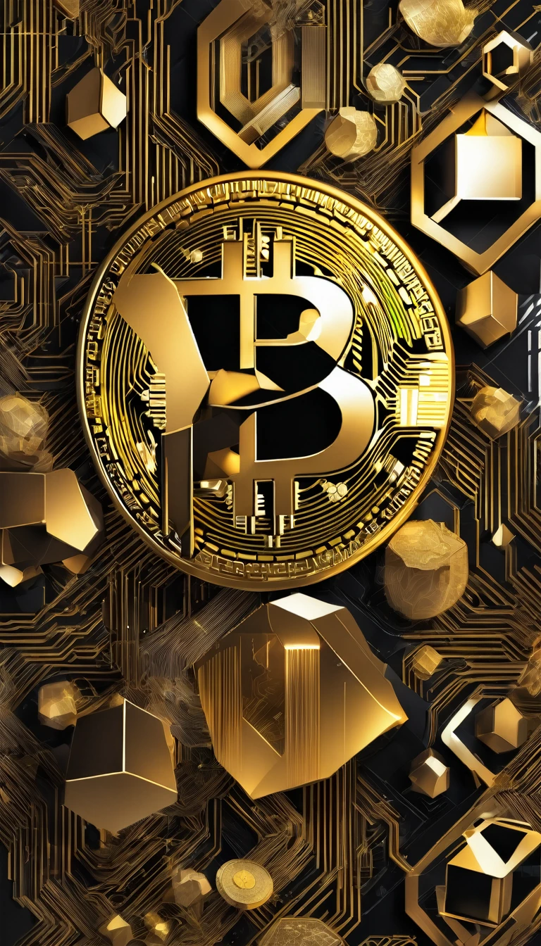 A beautiful Blockchain and cryptocurrency background in gold and black