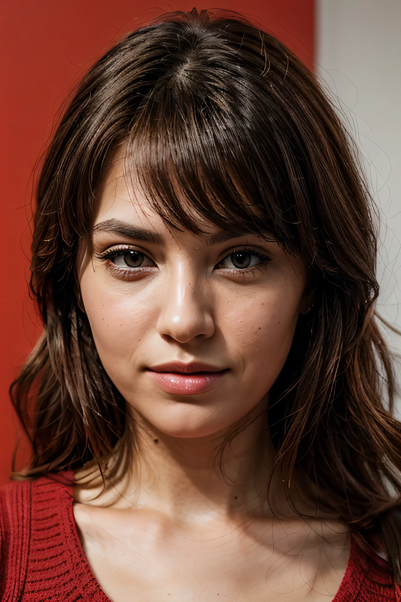 Create a perfect image, especially for Instagram, an Instagram profile photo with a red background, of a woman's face , very beautiful , Grinning , beautiful smile, very professional in the field of digital marketing 