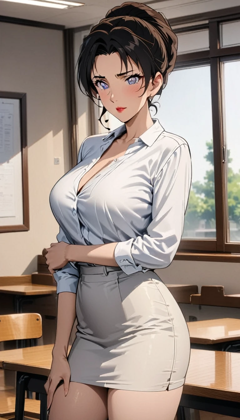 (Highest quality, High resolution, masterpiece:1.2), Black Hair, Mature Woman、50 years old、Standing in classroom、White blouse、Pencil Skirt、Beautiful woman, Delicate eyes, Detailed lips, female teacher, A single photo, Anime Style、Cowboy Shot、