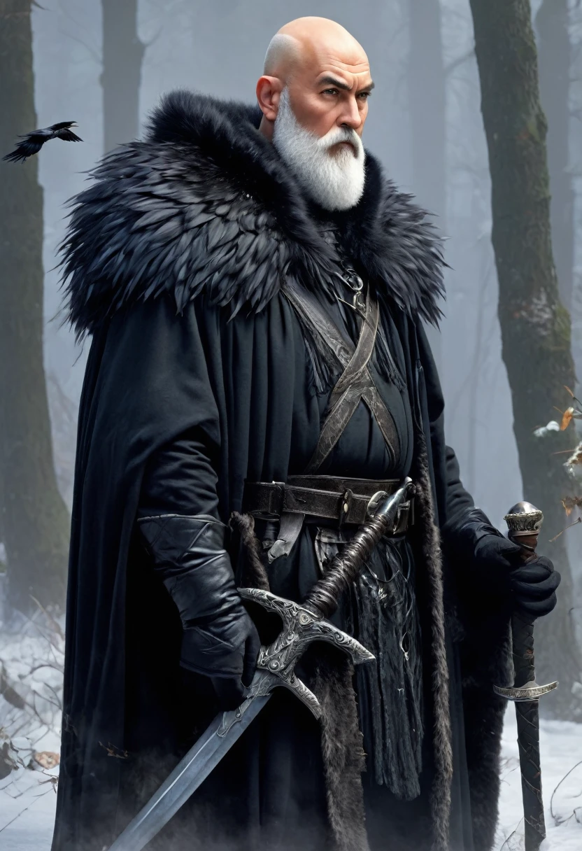 Man, 70 years, strong for his years, immense bald head, spotted scalp, a shaggy grey beard that covers much of his chest, fierce look, normal height. He wears a cloak of thick black fur and a black wool doublet with silvered bear-claw fastenings, black breaches. He wears a large sword on his back. On his shoulder sits a black raven