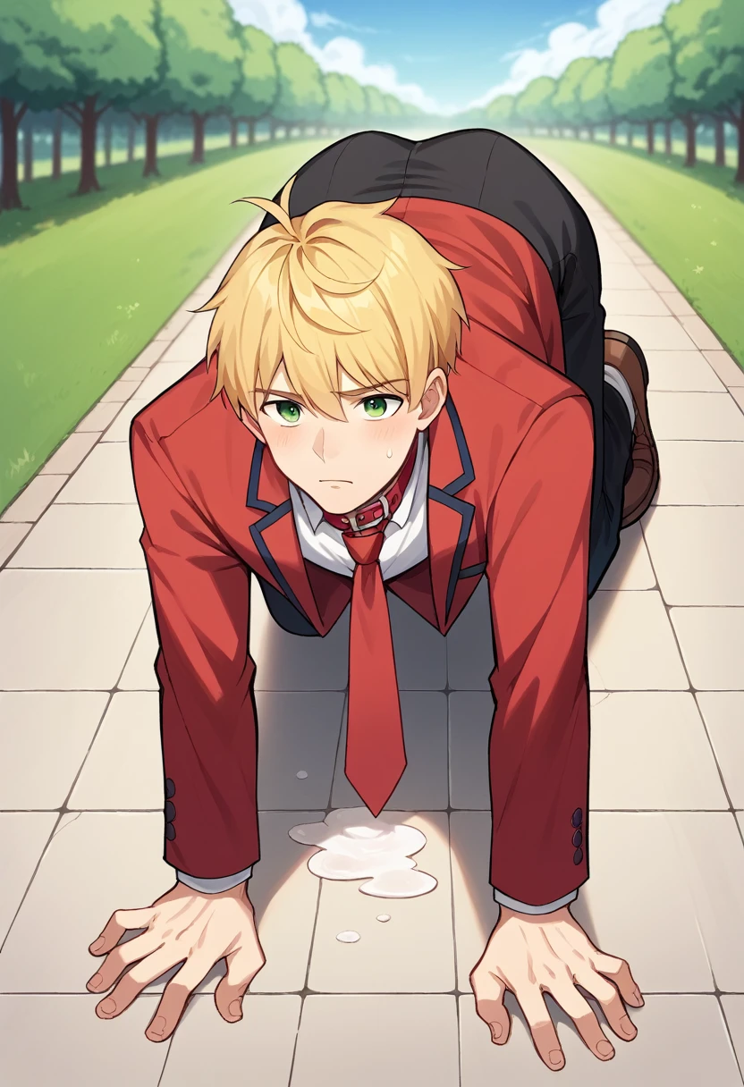 score_9, score_8_wonderful, score_7_wonderful, sauce_Anime BREAK 1 Boy, alone, Male Focus, Part 1: Leanne, blonde, , Red Blazer, Black trousers, Outdoor,Red tie，Get on all fours and place your hands on the floor,put head on floor,Wear a collar with a lead