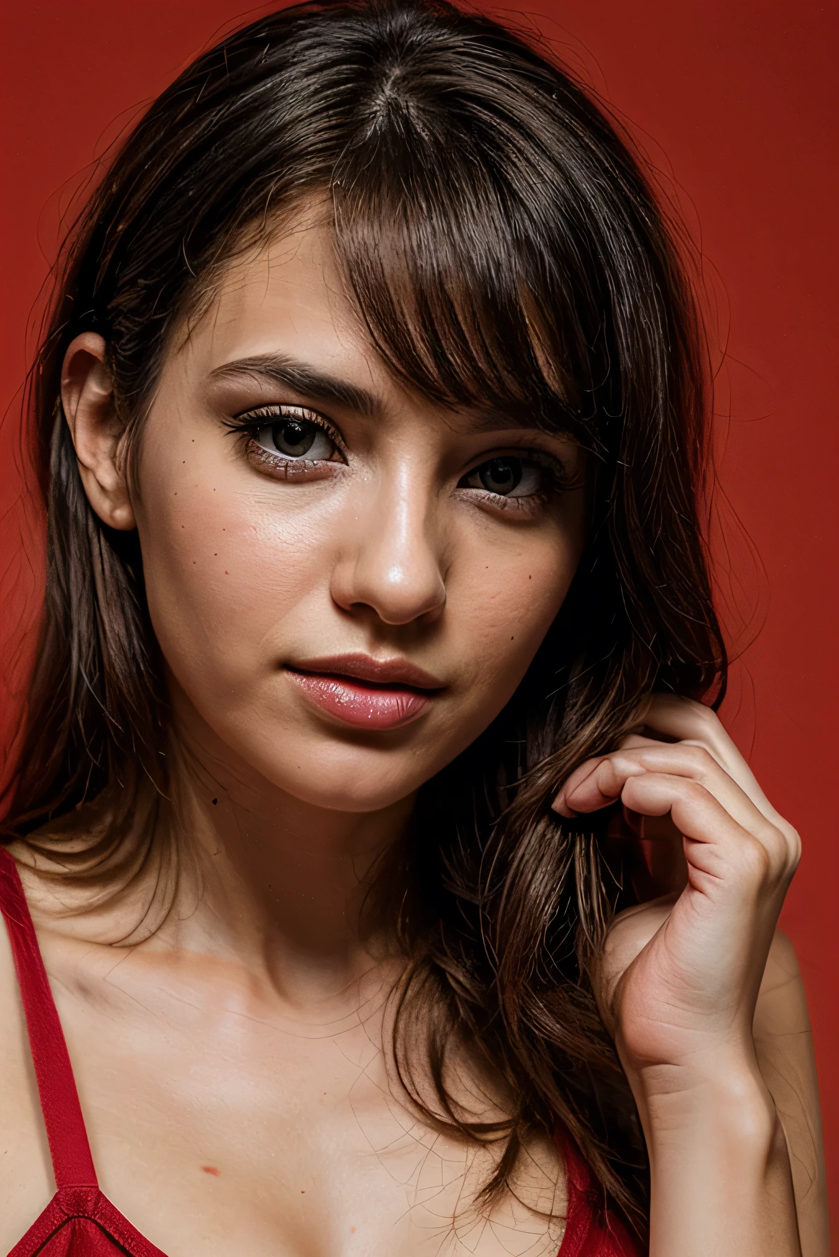 18 year old brunette girl, Linda, seamless, face perfect, gorgeous face, with red background