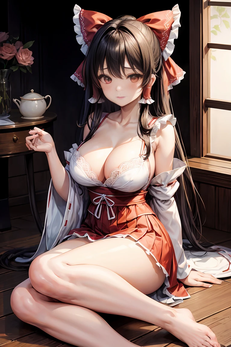 Beautiful woman, 20 years, Hakurei Reimu, Maid clothes, Beautiful curves, Perfect body, Very tall girl, high quality, teasing, barefoot, Skirt can be raised or lowered, Sitting cross-legged, sexy, Place your hand on your chest, Show off your breasts, , Heartfelt in the eyes, Blushing, At the mansion