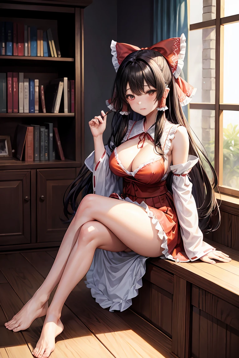 Beautiful woman, 20 years, Hakurei Reimu, Maid clothes, Beautiful curves, Perfect body, Very tall girl, high quality, teasing, barefoot, Skirt can be raised or lowered, Sitting cross-legged, sexy, Place your hand on your chest, Show off your breasts, , Heartfelt in the eyes, Blushing, At the mansion