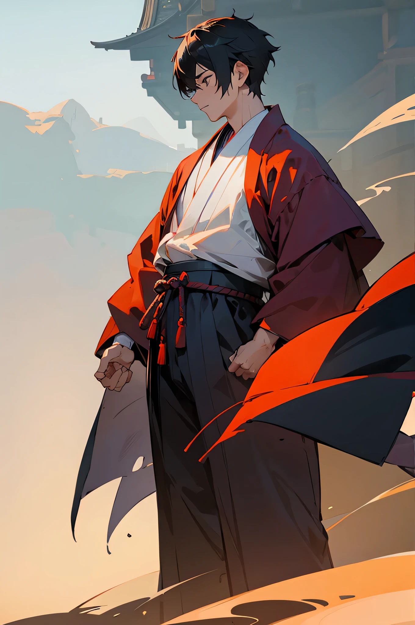 Adult, male, samurai Clothing, Standing pose, Town background,
