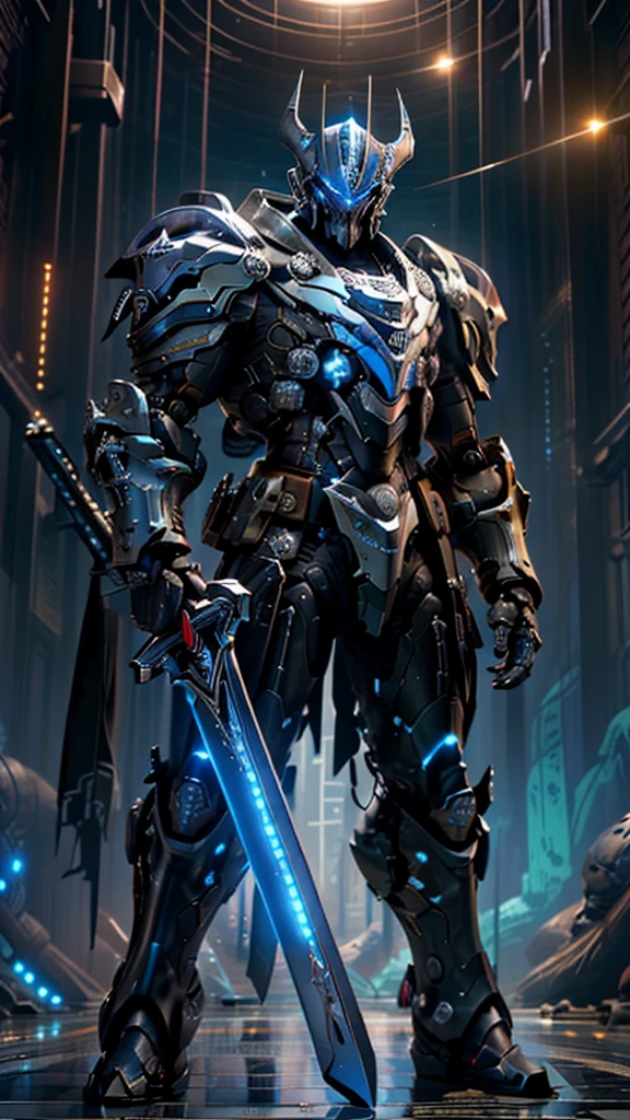 (masterpiece), (best quality), (super-detailed), (UHD 8k Sony a7R V 60 MP mirrorless camera with a 35mm wide-angle lens and a f/2.4 aperture, photographic full body shot) (of a tall, lean, and mean, futuristic, (gleaming, polished silver and blue mecha-suit):1.4 enabled), (the mirrored silver mecha suit):1.4, emboldening the space pirate Captain), (mecha pirate:1.4)). The warrior is depicted brandishing his (glowing:1.4, electric-blue, laser cutlass:1.5). He is wearing intricate, highly detailed armor that is black:1.45, silver:1.43, and blue:1.2, with a jolly roger emblem inlaid in platinum on his chest, (he makes for a striking figure of an evil robot buccaneer:1.2). The grim looking Captain is (standing straight:1.52), with his (legs slightly bent:1.3) in preparation for evasive maneuvers, (holding his trusty laser cutlasses:1.44 out to his sides:1.51), (ready for battle, it was time for some action), (on the gloomy bridge of his pirate themed spaceship:1.4), epic comic book cover art by Greg Capullo mixed with the iconic style of comic book cover artist Jim Lee also from the Marvel, Image, and DC comic book universes. dramatic lighting with strong contrasts highlights his metallic textured features, cinematic movie still, masterpiece, best quality, absurd resolution, 8k Nikon 7R V 60MP, ray tracing, HDR, UHD, volumetric lighting, Unreal Engine 5, Unity Engine, Blender, octane render, exquisite subject composition and use of lighting:1.4, exceptional, award-winning shading:1.38, sharp focus:1.35, low angle, ominous mood, facing the viewer,