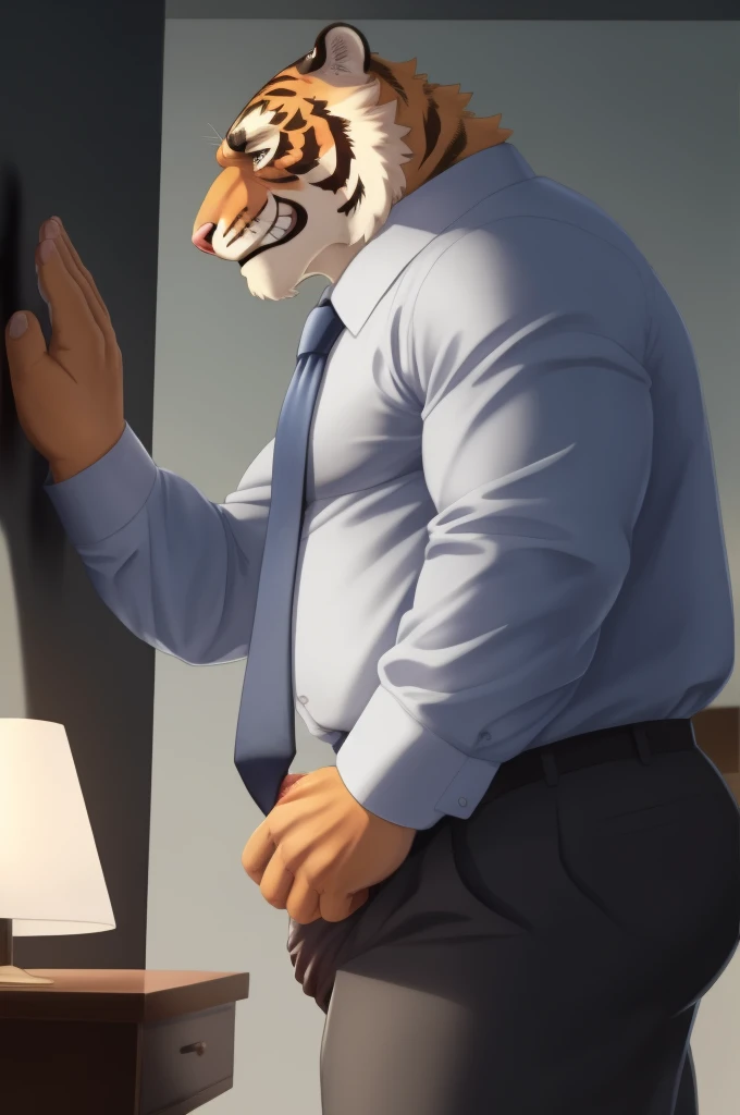 Author: bontiage, (1 boy), One, tiger, (big Erect penis:1.9), (masturbation1.7), cum, pants, long sleeve plain shirt, necktie, Men's Second, kemono, hot body, muscle, Beautiful, sexual, Attractive guy, (Detailed black eyes), brows, (masterpiece, A high resolution, Best quality), 4K, a male, Beautiful shadow, evil grin, (front side:1.5), standing