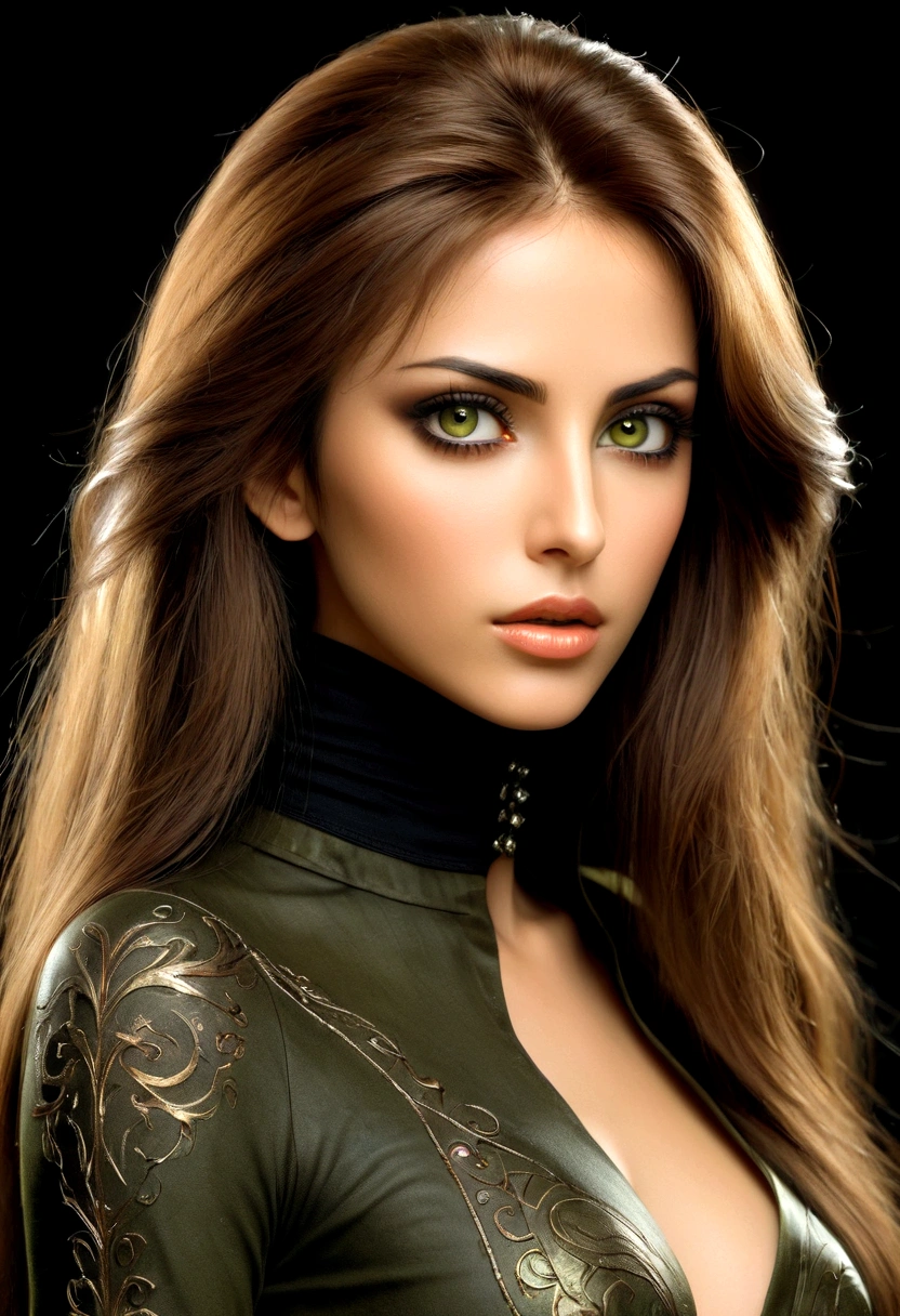 Create an image of a stunningly gorgeous beautiful perfect luis Royo,Stunningly gorgeous perfect face, Black background. Beautiful Lebanese woman with long brown hair. Ideal anatomy, beautiful expressive look. She wears a black turtleneck and olive green skinny jeans. Its back side faces the camera. masterpiece, (best quality: 1.5), perfect lighting, very detailed, uhd, hdr, big anime eyes, ultra realistic.  (full length, Wide angle, center, without trimming) - AR 9:16 - from 1:2, full body view,


