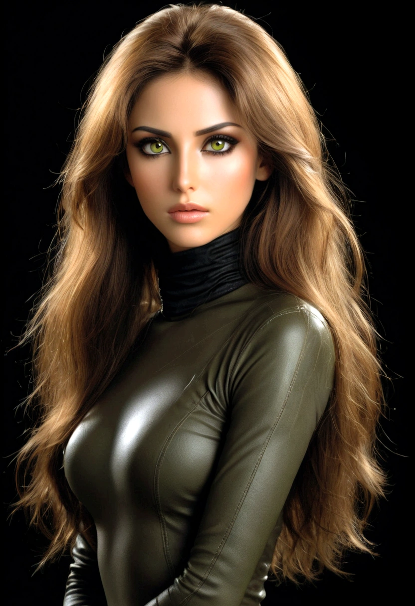 Create an image of a stunningly gorgeous beautiful perfect luis Royo,Stunningly gorgeous perfect face, Black background. Beautiful Lebanese woman with long brown hair. Ideal anatomy, beautiful expressive look. She wears a black turtleneck and olive green skinny jeans. Its back side faces the camera. masterpiece, (best quality: 1.5), perfect lighting, very detailed, uhd, hdr, big anime eyes, ultra realistic. (full length, Wide angle, center, without trimming) - AR 9:16 - from 1:2, full body view,