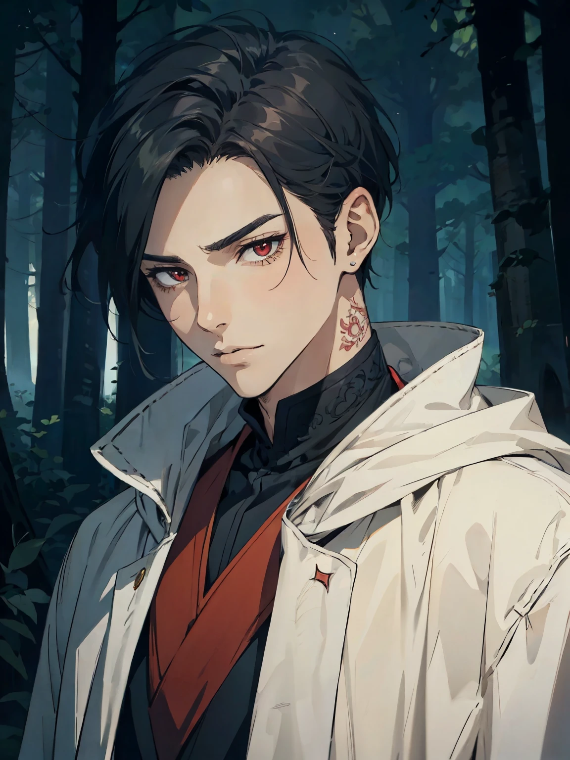 anime - style image of a man in a black coat in a forest, handsome guy in demon slayer art, anime lush john 8k woods, male anime style, handsome japanese demon boy, beautiful androgynous prince, anime handsome man, anime portrait of a handsome man, male anime character, badass anime 8 k, artwork in the style of guweiz, red eyes