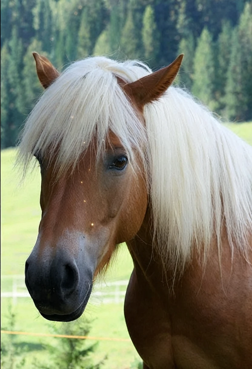 A brown horse with a white mane, Make it more beautiful, with lights around it